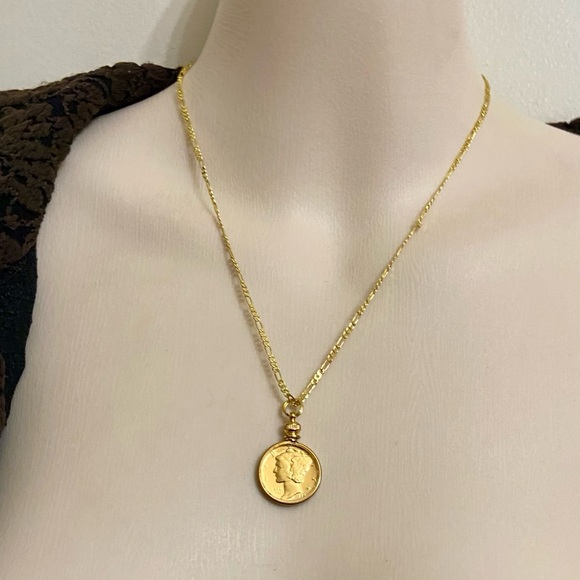 (SOLD) Authentic 1944 Silver Mercury Dime, Gold Plated with  18-inch Gold Filled - Picture 1 of 8